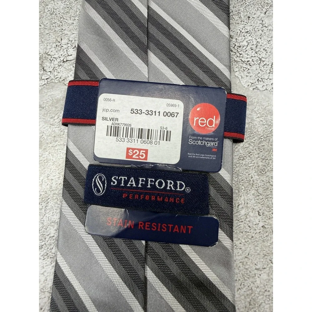 Stafford‎ Tie Mens Silver Striped 100% Silk Satin Pointed Classic One Size New